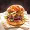 Closeup mouthwatering homemade beef burger presented attractively