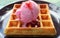 Closeup Mouthwatering Strawberry Ice Cream with Fresh Baked Waffle