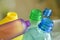 Closeup of multicolored plastic bottles on blurred background