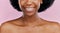 Closeup, natural or black woman with a smile, mouth or wellness with oral care or skincare on a studio background. Zoom