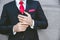 Closeup neat suite dressing of gentle man. manager businessman lawyer formal dress clothes standing hand