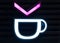 Closeup of a neon coffee cup sign with a pink arrow above it on the wall - cafe concept