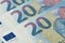 Closeup of new banknote of twenty euros background