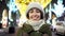 Closeup night portrait of happy smiling young woman. smiling woman walking night city street on many lighting garlands