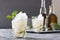 Closeup of old-fashioned glass of mint julep against tray with alcohol beverage, gasses and mint, grey colors