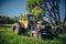 Closeup of an old rusty tractor on a grassy farm on a sunny day