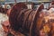 Closeup of old rusty wire rope of ship and metal cable of sea port equipment