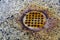 Closeup of old wet and rusted round metal floor drain cover