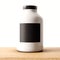 Closeup of one blank not transparent white glass jar on the wood desk and clear wall background.Empty glassy container