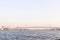 Closeup of one boat and rainbow bridge at sumida river viewpoint