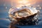 Closeup of open oyster with water drops lies in clear ocean water, beautiful sunset on background