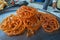 Closeup of orange Jalebi in sugar syrup sasaram bihar INDIA asia