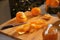 Closeup on orange peels on cutting board