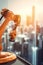 Closeup of Orange Robot Arm with Blurry Cityscape Background. Generative ai