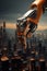 Closeup of Orange Robot Arm with Blurry Cityscape Background. Generative ai