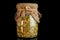 closeup originally decorated big glass jar with dried spices