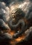 Closeup Painting of a Grey Traditional Chinese Dragon roaring in the sky inside very dense clouds and front soft lightning