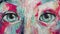 Closeup painting oil and palette knife on canvas. Big eyes close up for decoration and interior, canvas art.