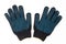 Closeup pair of black textile knitted gloves with professional blue rubber protective anti-slip coating isolated on white