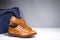 Closeup of Pair of Luxury Male Tanned Full Broggued Oxford Calf