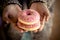 Closeup with pair of pink donuts not sugar free enemy of a healthy lifestyle and tasty junk food for breakfast or food afternoon