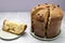Closeup Panettone Italian Sweet Cake On Table And Cut Piece. Sweet bread, Fruitcake