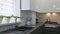 Closeup panorama of modern white and grey kitchen interior with rack focus