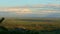 Closeup panorama on sunset skyscape with fluffy pink clouds above mountains