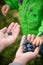 closeup of parent\'s hands full of organic blueberries and child going to try berries. Family picking up blueberries