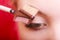 Closeup part of woman face eye makeup detail.