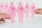 Closeup of people holding pink female figures with ribbons - concept of breast cancer awareness