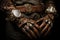 Closeup person hands in leather gloves steampunk. Generative AI