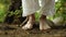 A closeup of a persons feet rooted firmly on the ground in a Tai Chi stance symbolizing the connection to the earth and