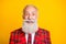 Closeup photo of amazing cool look grandpa guy with stylish beard came to x-mas party wear hipster tartan costume outfit