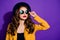 Closeup photo of amazing fashionable lady wear stylish hat yellow costume isolated purple background