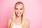 Closeup photo of amazing lady sticking tongue out of mouth teasing boys on street wear white tank-top  pink