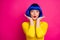 Closeup photo of attractive crazy lady modern look hold arms under new style hairdo wear stylish yellow turtleneck blue