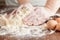 Closeup photo of baker making yeast dough for bread.