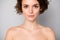 Closeup photo of beautiful naked lady bobbed short hairstyle positive emotions after spa salon procedures perfection