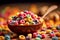 Closeup photo of a bowl of muesli, multi-colored cereals, healthy food. Generative AI