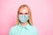 Closeup photo of cute lovely girl professional lady working quarantine time want stay safety healthy wear teal shirt