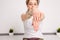 Closeup photo demonstrating hands yoga. Female yogi.