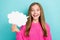 Closeup photo of excited girl hold paper bubble white cloud surprised reaction joke comic empty space  on