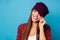 Closeup photo of good mood attractive funny lady close hide hat one eye flirty carefree look side up empty space dreamer