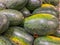 Closeup photo of heap of fresh watermelons at marketplace