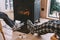 Closeup photo of human feet in warm woolen socks over fire place