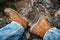 Closeup photo of man\'s legs in the mountains