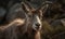 closeup photo of markhor Capra falconeri on blurry rocky outdoors background. Generative AI