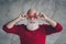 Closeup photo of nice crazy white haired old man ready x-mas party wear cool stylish newyear specs red pullover hipster