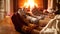 Closeup photo of parents with child in woolen socks warming at night by the fireplace